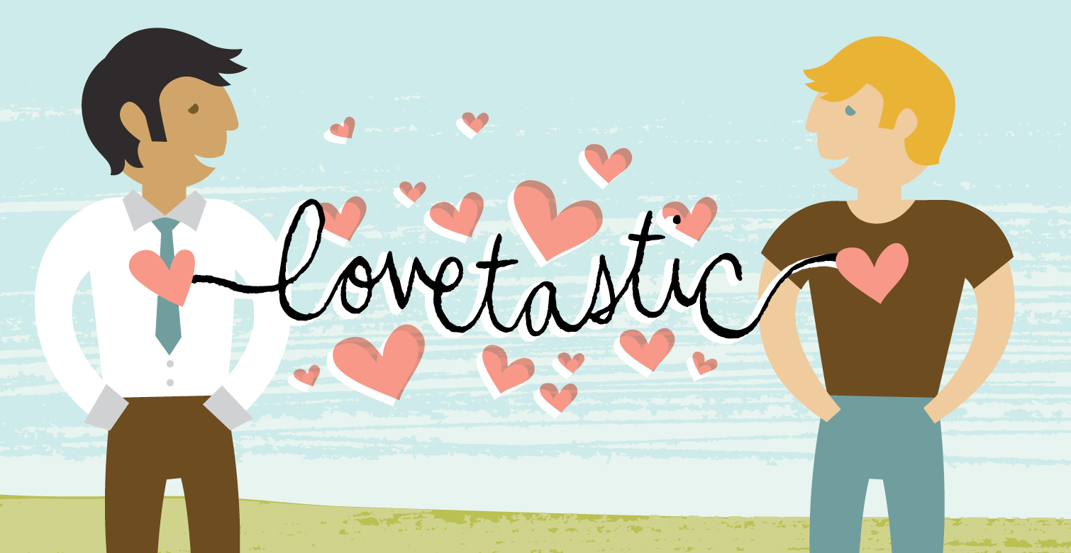 Lovetastic illustrated graphic by Jesse LeDoux showing two men in love