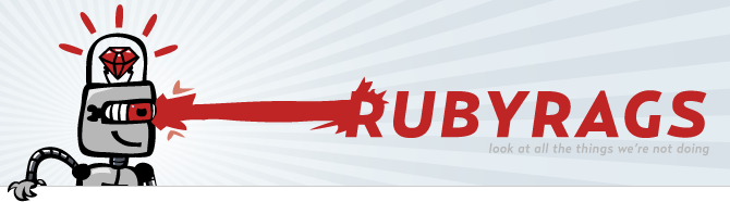 RubyRags illustrated masthead showing a robot shooting text